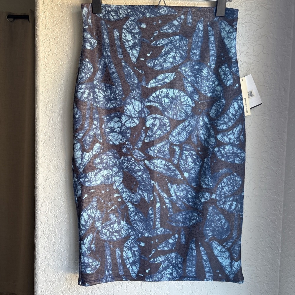 Womens M Stretch Pencil Skirt Blue Black Batik Fitted Printed Work Office‎
